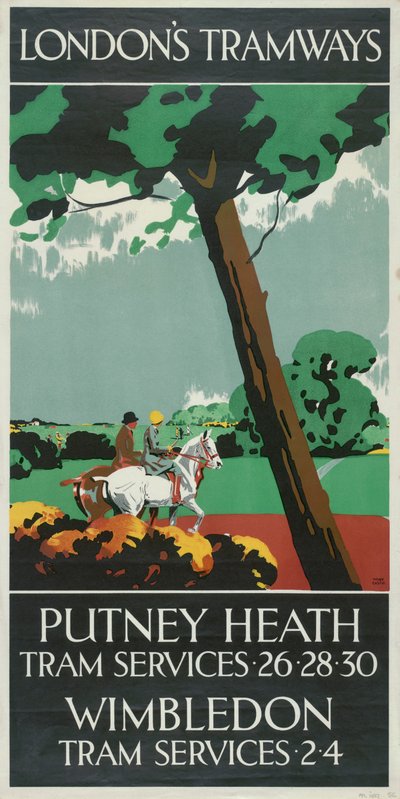 "Putney Heath, Wimbledon", Lontoon kreivikuntaneuvoston LCC Tramways -juliste, 1927 tekijältä Tony Castle