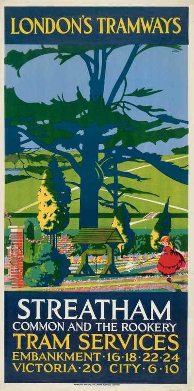 "Streatham Common and the Rookery", London County Council LCC Tramways -juliste, 1927 tekijältä Tony Castle