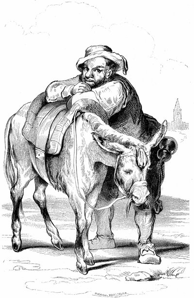 Sancho Panza (Panca), Don Quijoten (Quijote, Quijote) talonpoika ja hänen aasinsa. Kuvitus Cervantesin romaanista, jonka julkaisi Ranskassa vuonna 1845 Dubochet  Cie, käännös Louis Viardot, kaiverrukset Ony Johannot. tekijältä Tony Johannot
