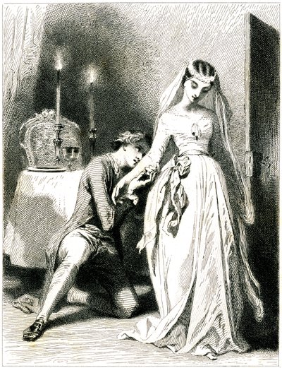 Huokaileva rakastaja polvistuu kauniin kihlattunsa jalkojen juureen kynttilänvalossa sisätiloissa - tyttö romanttisessa mekossa ja kampauksessa - kaiverrus (etsaus 1845) Tony Johannot (Antoine Johannot dit tekijältä Tony Johannot