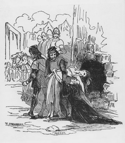 Sotilaat raahaavat pois naisvankia, kuva Victor Hugon (1802-85) teokseen "The Hunchback of Notre Dame" (ksylografi) tekijältä Tony Johannot