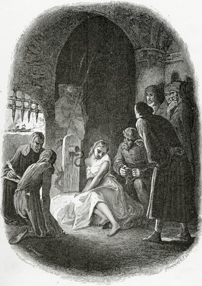 Esmeraldan kuulustelu - kuvitus Notre Dame de Paris -teoksesta, 1800-luku (bw-kaiverrus). tekijältä Tony Johannot