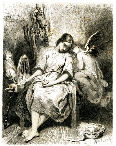 Nuori nainen (kehrääjä) nukkuu pyöränsä ääressä - Angelot nojaa hänen olkapäänsä yli - uni - unelma - haaveilu - rakkaus - kaiverrus (etsaus 1845) Tony Johannot (Antoine Johannot dit) tekijältä Tony Johannot