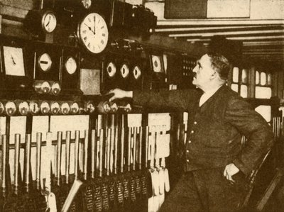 Päivittäisen aikasignaalin tallennus Liverpool Streetin asemalla, Lontoossa ja North Eastern Railwaylla, 1930. tekijältä Topical Press Agency