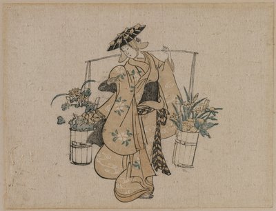 Kauneus, joka kantaa kahta ämpäriä kukkia, c. 1696-1716. tekijältä Torii Kiyomasu