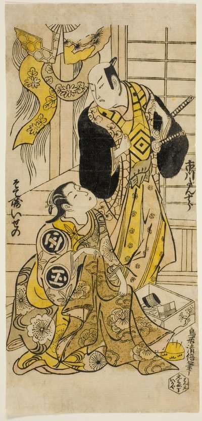 Näyttelijät Ichikawa Danjuro II ja Sodesaki Iseno I tekijältä Torii Kiyomasu II