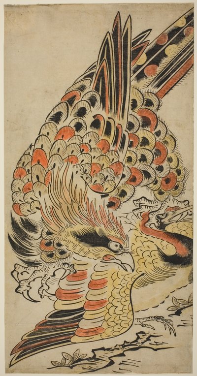 Haukka vangitsemassa nosturia lennossa, n. 1715 (käsinvärinen puupalikkaprintti) tekijältä Torii Kiyomasu I