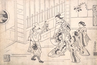 Näyttelijä Ichimura Takenojo VIII nukkenäyttelijän roolissa, joka näyttää Nukkeja Courille..., n. 1715. tekijältä Torii Kiyomasu I