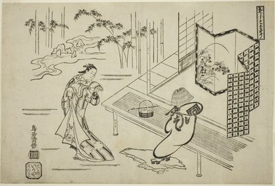 Näyttelijät Nakamura Takesaburo I roolissa Kewaizaka no Shosho ja Ichikawa Danjuro II roolissa Soga no Goro pukeutuneena komusoksi näytelmässä "Bando Ichi Kotobuki Soga", joka esitettiin Nakamura-teatterissa ensimmäisen kuukauden aikana. tekijältä Torii Kiyomasu I