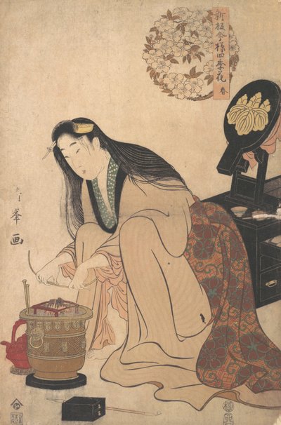 Lady järjestää Binsashi-tukea hiuksille temppelien päällä hiuksiinsa pukemista varten, noin..., noin. 1808. tekijältä Torii Kiyomine
