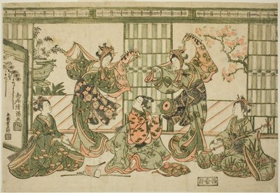 Viihdyttäjät esittävät harrastehevostanssia. tekijältä Torii Kiyomitsu I