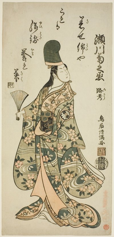 Näyttelijä Segawa Kikunojo II Shirabyoshi Renrinä näytelmässä "Imayo Dojoji", joka esitettiin Ichimura-teatterissa yhdentenätoista kuussa vuonna 1756. tekijältä Torii Kiyomitsu I