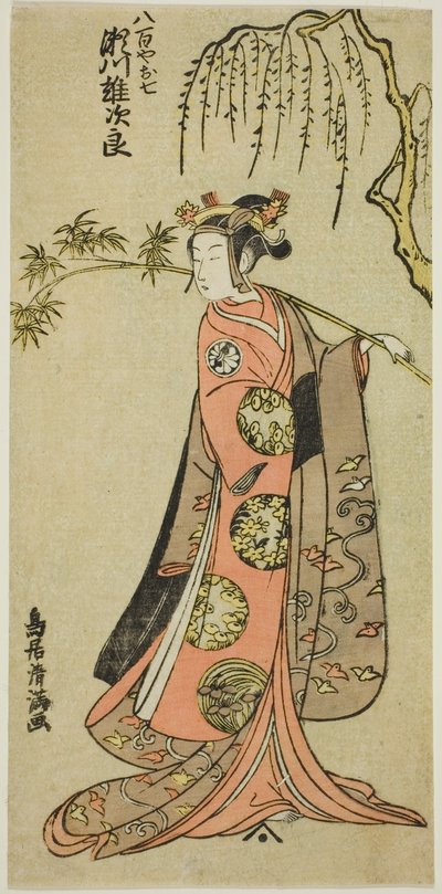 Näyttelijä Segawa Yujiro I Oshichina näytelmässä "Edo no Haru Meisho Soga", joka esitettiin Ichimura-teatterissa kolmannessa kuussa vuonna 1773. tekijältä Torii Kiyomitsu I
