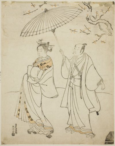 Näyttelijät Ichikawa Komazo I (vas.) ja Nakamura Matsue I (oik.) tekijältä Torii Kiyomitsu I