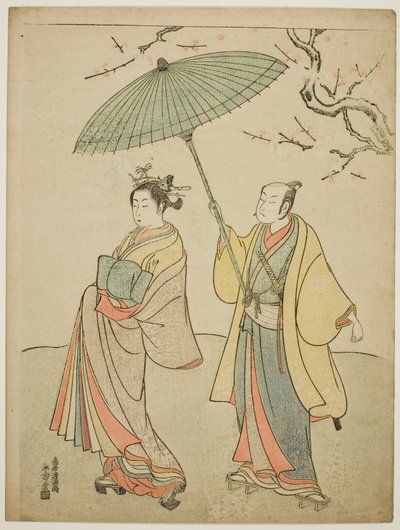 Näyttelijät Ichikawa Komazo I (vas.) ja Nakamura Matsue I (oik.) tekijältä Torii Kiyomitsu I