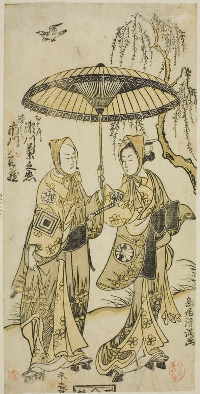 Näyttelijät Segawa Kikunojo II Ohatsun roolissa ja Ichikawa Yaozo II hänen rakastajansa Tokubein roolissa näytelmässä "Yoni Osaka Nitsui no Meoto", joka esitettiin Ichimura-teatterissa toisessa kuussa vuonna 1767. tekijältä Torii Kiyomitsu I