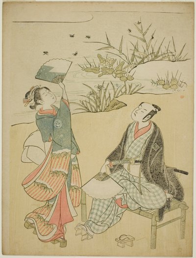 Kaksi näyttelijää pyydystämässä tulikärpäsiä tekijältä Torii Kiyomitsu I