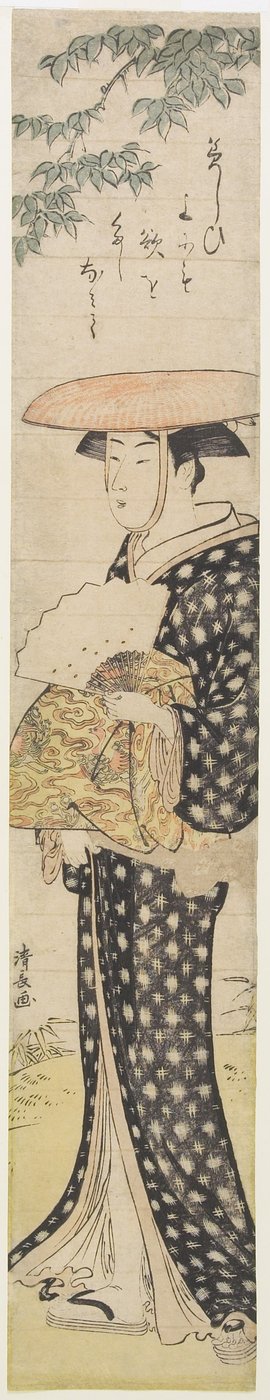 (Nainen hattu päässä kävelee puun alla), 1782 tekijältä Torii Kiyonaga