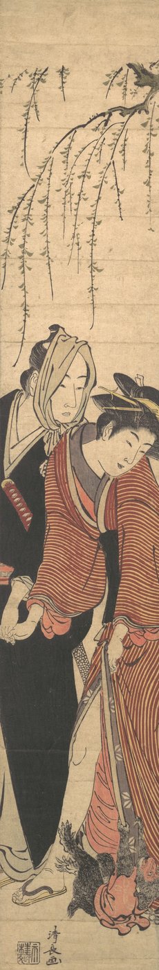 Pari rakastajaa leikkimässä apinan kanssa, 1780. tekijältä Torii Kiyonaga