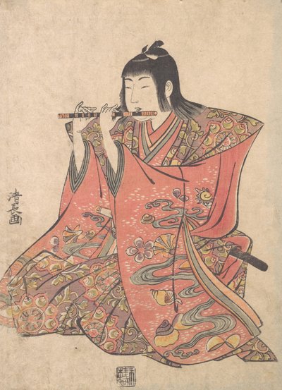 Nukke, joka edustaa huilua soittavaa poikaa, n. 1780. tekijältä Torii Kiyonaga