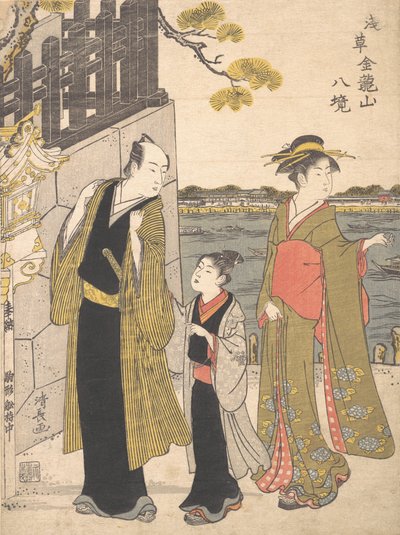 Mies pojan ja geishan kanssa vierailemassa Kinryusanin temppelissä, n. 1787. tekijältä Torii Kiyonaga
