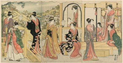 Moderni versio Ushiwakamaru Serenading Prinsessa Joruri tekijältä Torii Kiyonaga