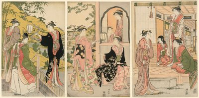 Moderni versio Ushiwakamaru Serenading Prinsessa Joruri tekijältä Torii Kiyonaga