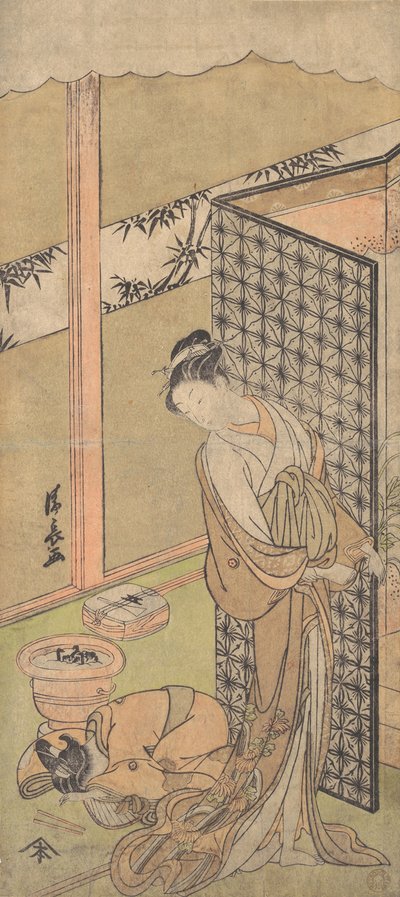 Oiran yöasussa pysähtyen, toinen käsi sänkyään ympäröivällä näytöllä..., noin. 1770. tekijältä Torii Kiyonaga