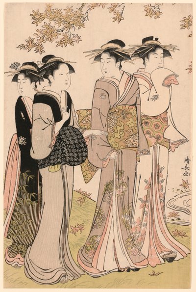 Kauneutta vaahteran alla, sarjasta "Kokoelma Pleasure Quartersin nykyaikaisia kaunokaisia (Tosei yuri bijin awase)" tekijältä Torii Kiyonaga