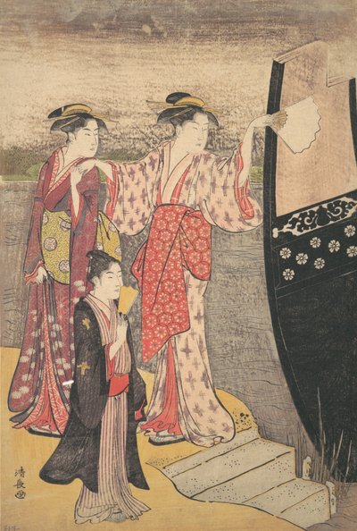 Poistuminen huviveneestä Sumida-joella. tekijältä Torii Kiyonaga