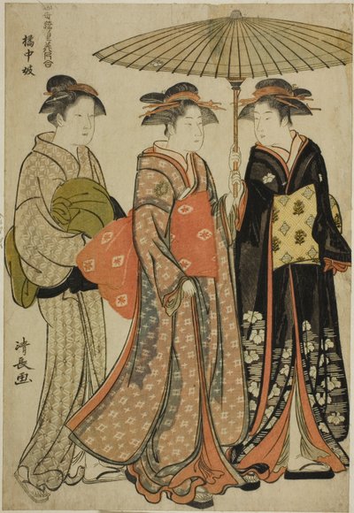 Tachibanan (Kitchugi) viihdyttäjät sarjasta "A Collection of Contemporary Beauties of the Pleasure Quarters (Tosei yuri bijin awase)" tekijältä Torii Kiyonaga