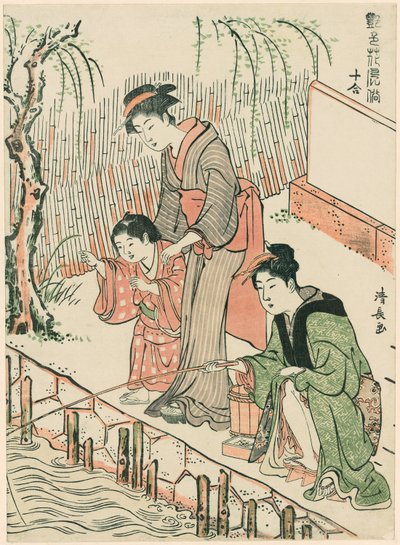 Kalastus sarjasta "A Set of Ten Beauties in Flowerlike Styles (Enshoku hana fuzoku ju awase)" tekijältä Torii Kiyonaga