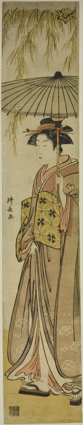 Geisha kantamassa aurinkovarjoa pajupuun alla tekijältä Torii Kiyonaga