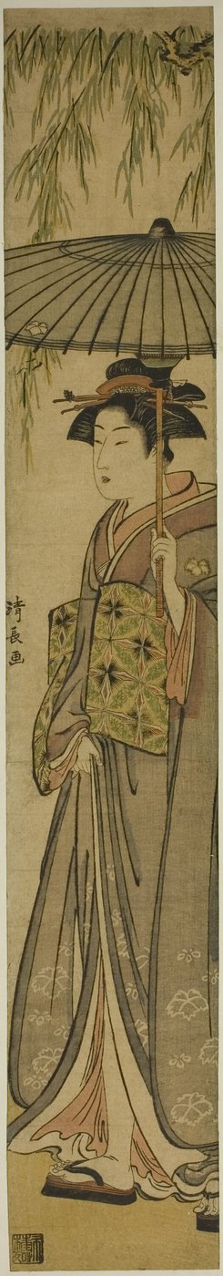 Geisha kantamassa aurinkovarjoa pajupuun alla tekijältä Torii Kiyonaga