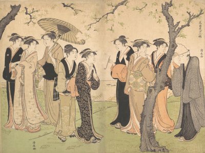 Kuuden geishan ryhmä kirsikkapuiden alla Gotenyamassa, n. 1785. tekijältä Torii Kiyonaga