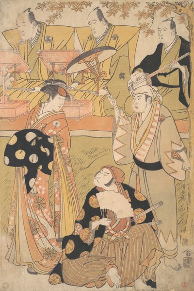 Onoe Matsusuke I Oiranina seisoo vasemmalla, puhuu Nakamura Nakazo I kanssa Samina..., n. 1788. tekijältä Torii Kiyonaga