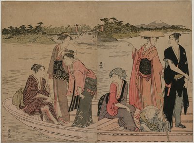 Matkustajat lautalla Sumida-joella tekijältä Torii Kiyonaga