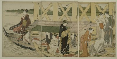 Huviveneet Azuma-sillan alla, n. 1784 tekijältä Torii Kiyonaga