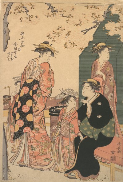 Ogiyan kurtisaani Nioterun muotokuva kahden avustajan Namijin ja Ao-...n kanssa, n. 1785. tekijältä Torii Kiyonaga