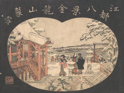 Lumikohtaus hahmoilla temppelin ulkopuolella. tekijältä Torii Kiyonaga