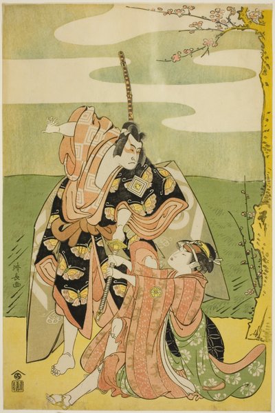 Näyttelijä Ichikawa Monnosuke II Soga no Gorona ja Segawa Kikunojo III Tsukisayona näytelmässä "Nanakusa Yosooi Soga", joka esitettiin Nakamura-teatterissa ensimmäisen kuukauden aikana, 1782. tekijältä Torii Kiyonaga
