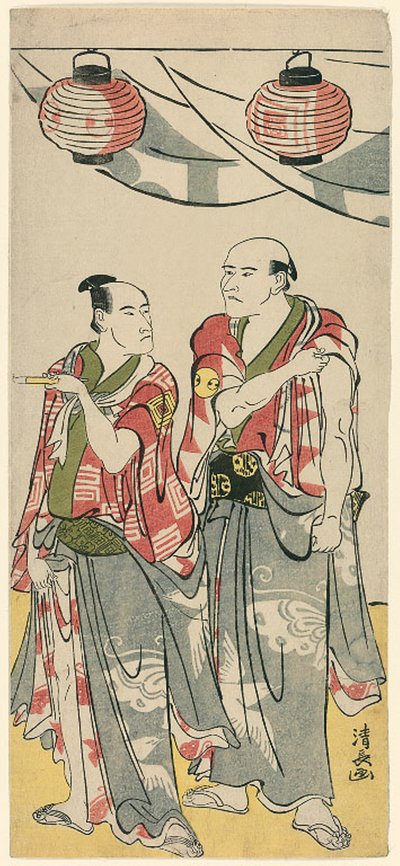 Näyttelijät Arashi Ryuzo II ja Ichikawa Komazo III, yhdestätoista näyttelijän pentaptyykistä, jotka juhlivat Sogan veljien pyhäkön juhlaa tekijältä Torii Kiyonaga