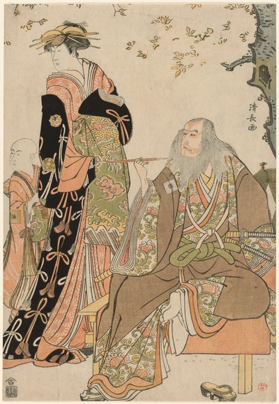 Näyttelijät Ichikawa Danjuro V Hige no Ikyuna, Nakamura Riko Agemakina ja Ichikawa Ebizo Agemakin avustajana näytelmässä "Sukeroku Yukari no Edozakura" Nakamura-teatterissa kolmannessa kuussa vuonna 1784. tekijältä Torii Kiyonaga