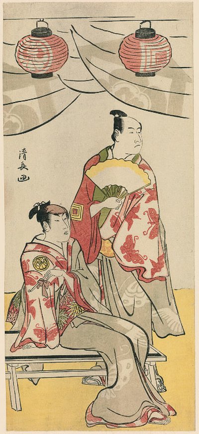 Näyttelijät Ichikawa Monnosuke II ja Segawa Kikunojo III, yhdestätoista näyttelijän pentaptyykistä, jotka juhlivat Sogan veljien pyhäkön juhlaa tekijältä Torii Kiyonaga