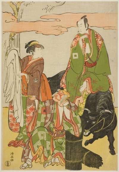 Näyttelijät Ichikawa Monnosuke II Miyukinosukena, Segawa Kikunojo III Hatsune-himenä ja Ichikawa Danjuro V Ninnaji no Saibeina jorurissa "Shitenno Oe no Yamairi" esitettiin Kiri-teatterissa yhdestoista kuukaudessa 1785. tekijältä Torii Kiyonaga