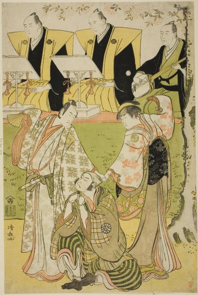 Näyttelijät Ichikawa Monnosuke II Munesadana, Segawa Kikunojo III kurtisaani Sumizomena ja Nakamura Nakazo I Sekibeina näytelmässä "Tsumoru Koi Yuki no Seki no To", joka esitettiin Kiri-teatterissa 11. kuussa 1784. tekijältä Torii Kiyonaga