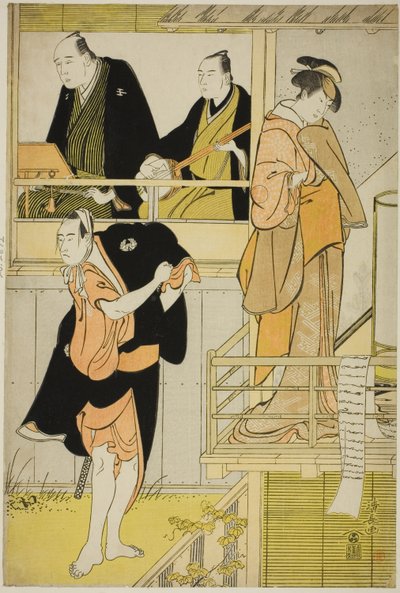 Näyttelijät Nakamura Riko I Tanbaya Otsumana ja Ichikawa Yaozo III Furuteya Hachirobeina jorurissa "Sakamachi Yoi no Yotsutsuji", joka esitettiin Nakamura-teatterissa kolmannella kuukaudella 1785. tekijältä Torii Kiyonaga