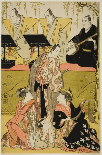Näyttelijät Sawamura Sojuro III Soga no Jurona, Osagawa Tsuneyo II Oiso no Torana, Azuma Tozo III Miura Katagaina ja Otani Tokuji I Danzaburona jorurissa "Chidorigake Koi no Tamaboko" esitettiin Ichimura-teatterissa ensimmäisessä erässä. kuukausi, 1784 tekijältä Torii Kiyonaga