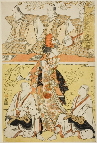 Näyttelijät Segawa Kikunojo III Koitona, Sawamura Sojuro III munkki Sainenbona ja Ichikawa Monnosuke II munkki Renseibona shosassa "Mata Saku Hana Museume Dojoji", joka esitettiin Nakamura-teatterissa neljännellä kuukaudella 1783. tekijältä Torii Kiyonaga