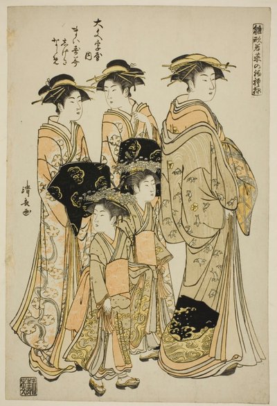 Daimonjiyan kurtisaani Maizumi avustajiensa Shigekin ja Nanamen kanssa sarjasta "Models for Fashion: New Designs as Fresh as Young Leaves (Hinagata wakana no hatsu moyo)" tekijältä Torii Kiyonaga